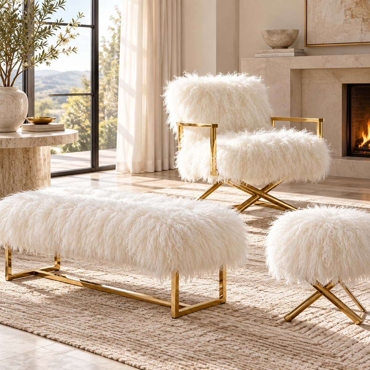 Tibetan Mongolian Lamb White Fur Pouf Swivel Ottoman