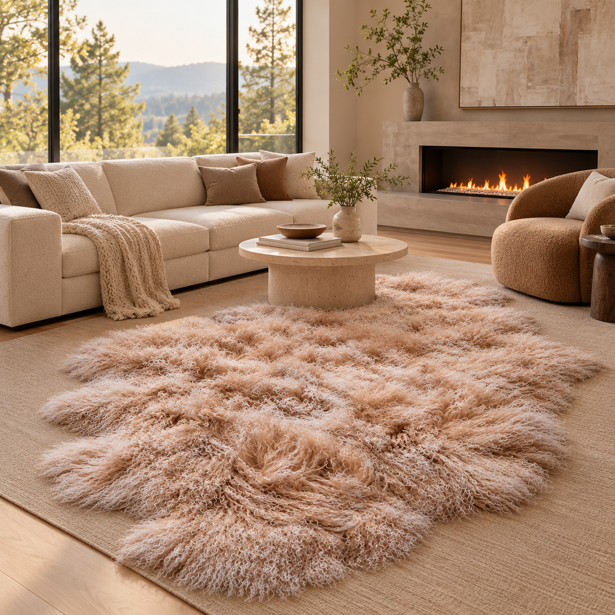Tibetan Mongolian Lamb Fur Rug - 4' x 6' — Dark Beige