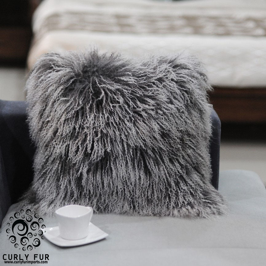 26" x 26" Tibetan Mongolian Lamb Fur Pillow Single Sided — Frosted Grey