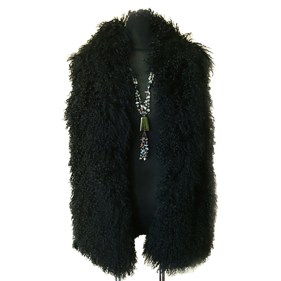Tibetan Mongolian Lamb Fur Vest With Hood Black