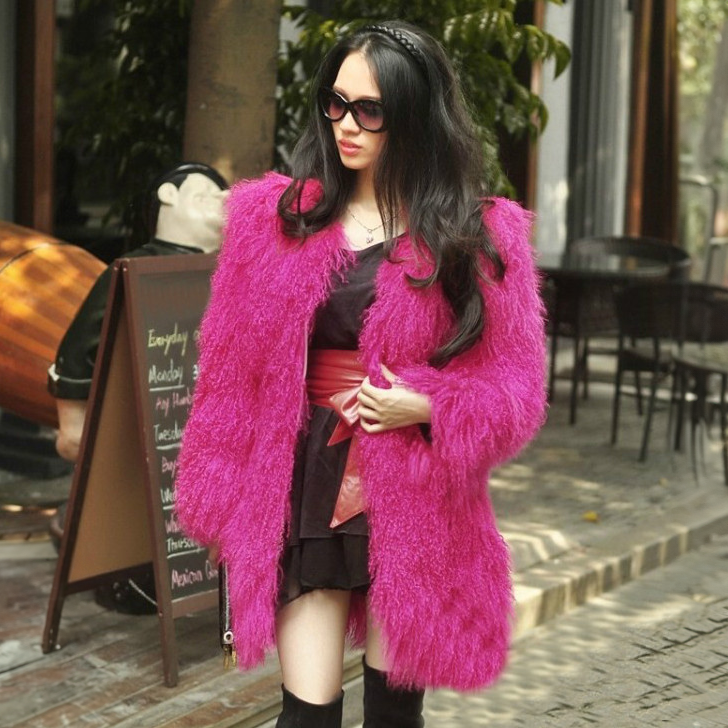 Tibetan Mongolian Lamb Fur Coat Magenta