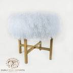 Mongolian Lamb Fur Round Ottoman With Gold Metal Base
