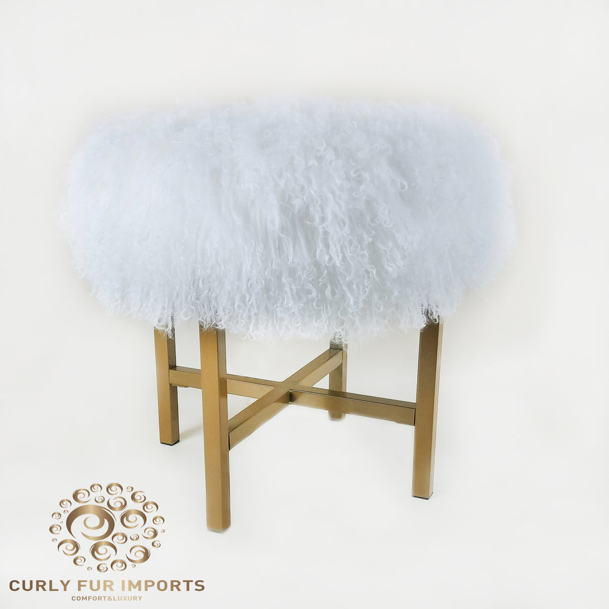 Mongolian Lamb Fur Round Ottoman With Gold Metal Base
