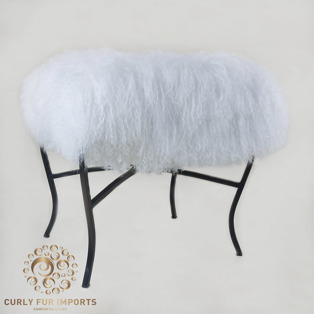 Tibetan Mongolian Lamb White Fur Ottoman With Black Metal Base