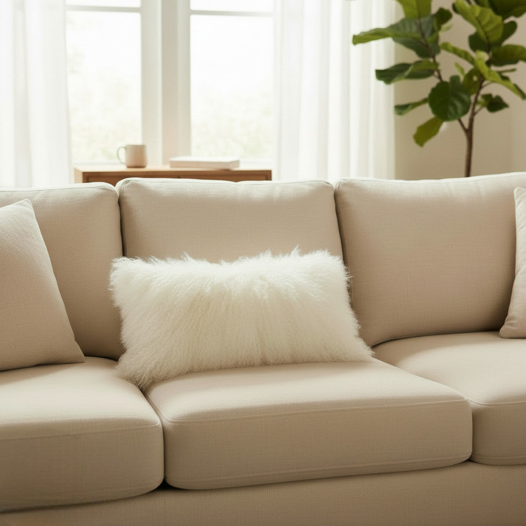 9" x 17" Tibetan Mongolian Lamb Fur Lumbar Pillow Single Sided — Natural White