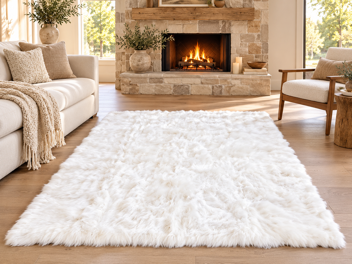 White Handcrafted Alpaca Fur Rug - 4' × 6'