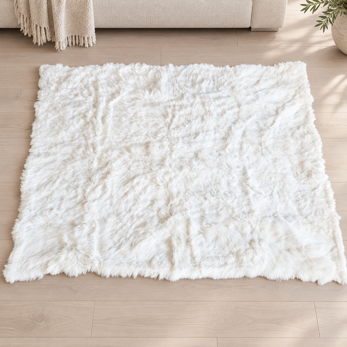 White Handcrafted Alpaca Fur Rug - 4' × 6'