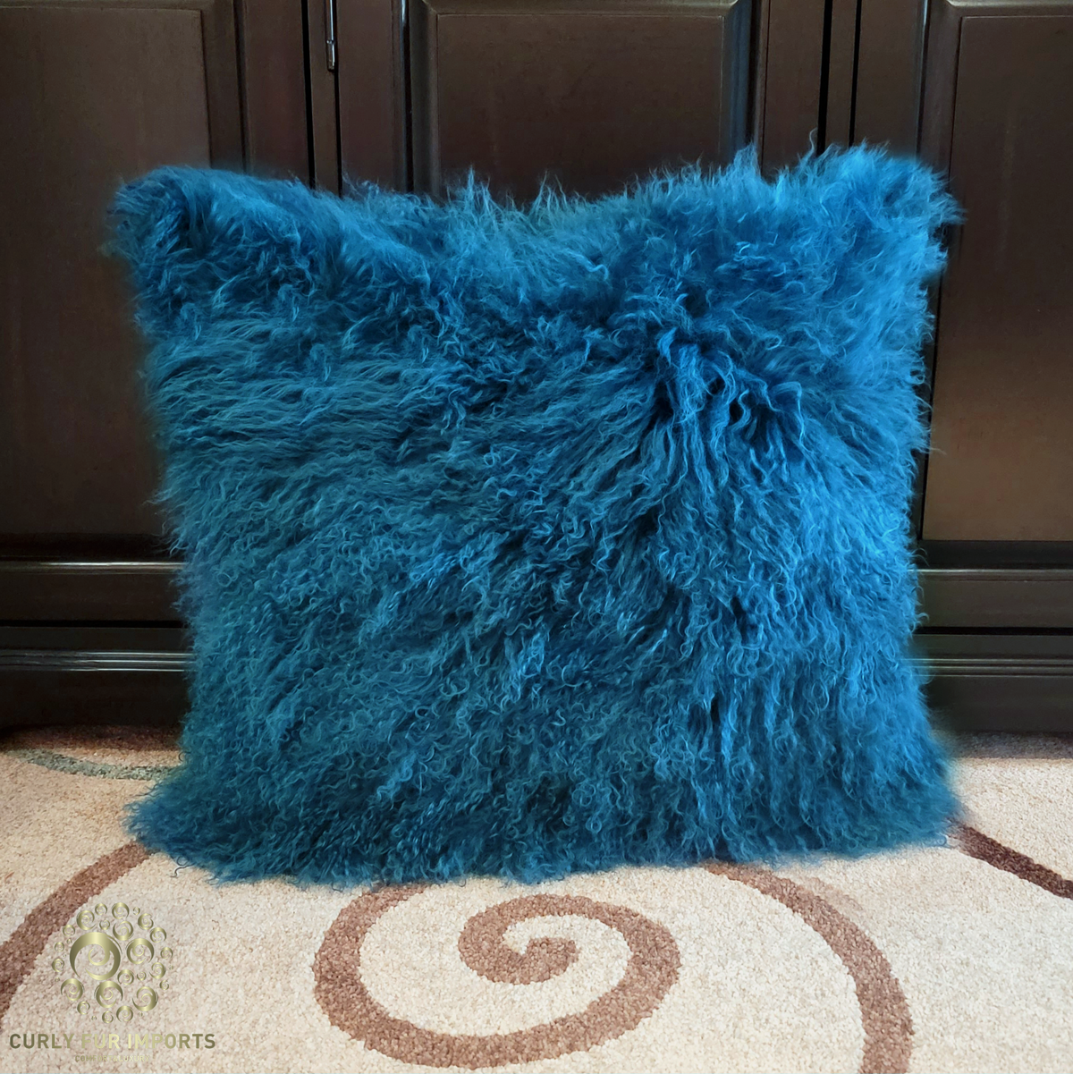 20" x 20" Tibetan Mongolian Lamb Fur Pillow Single Sided — Caribbean Blue