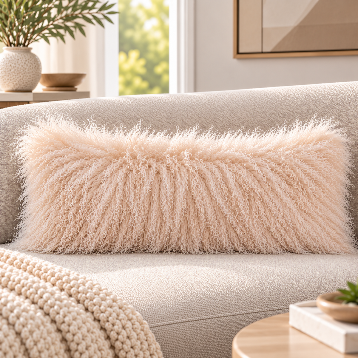 Mongolian/Tibetan Lamb Fur Lumbar Pillow – 14″ × 36″ – Single-Sided