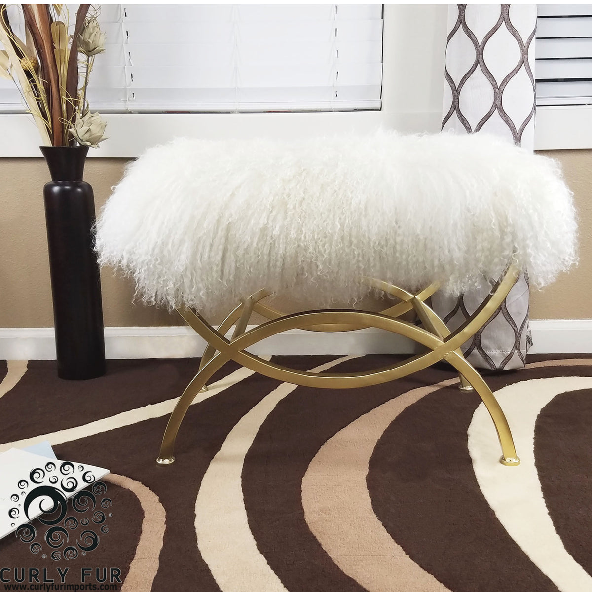 Tibetan Mongolian Lamb Fur Ottoman With Gold Metal Base