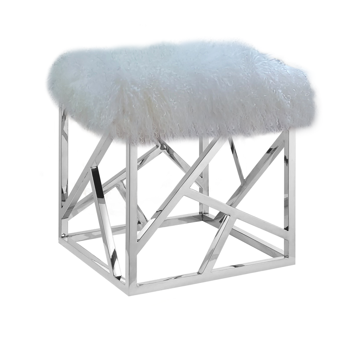 Tibetan / Mongolian Lamb White Fur Stainless Steel Ottoman