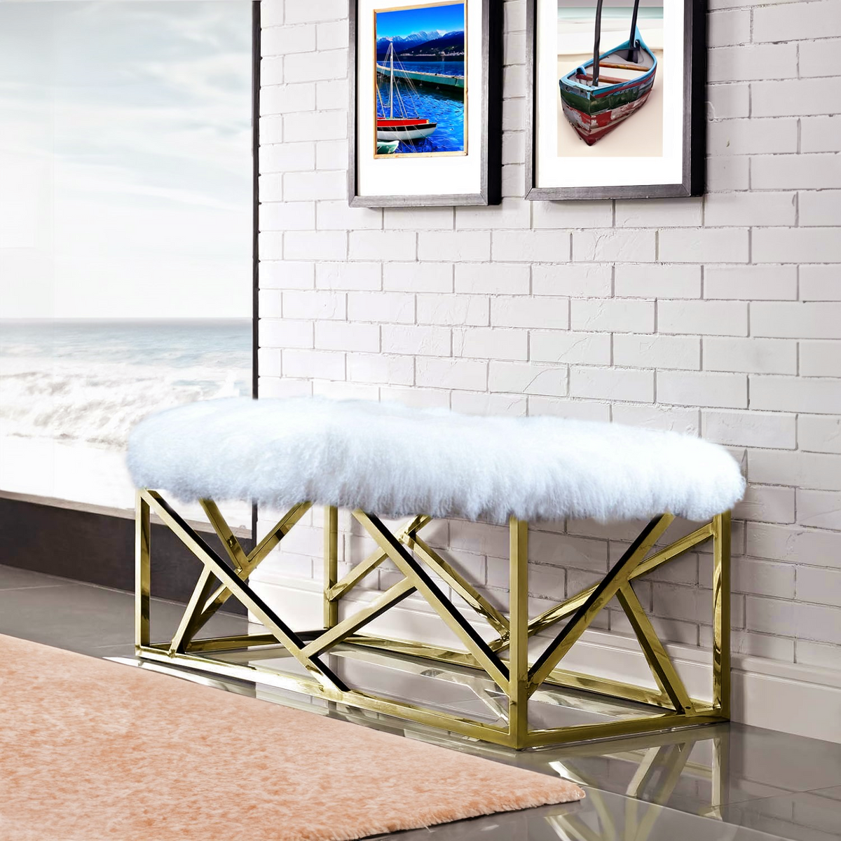 Mongolian Lamb White Fur Stainless Steel Bench Gold