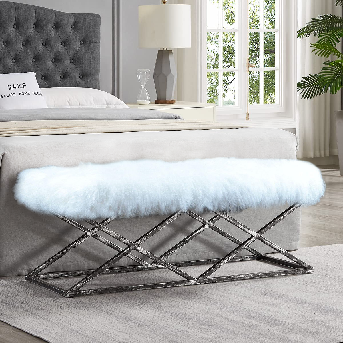 Tibetan Mongolian Fur Bench, Hand-Painted Metal X-Base
