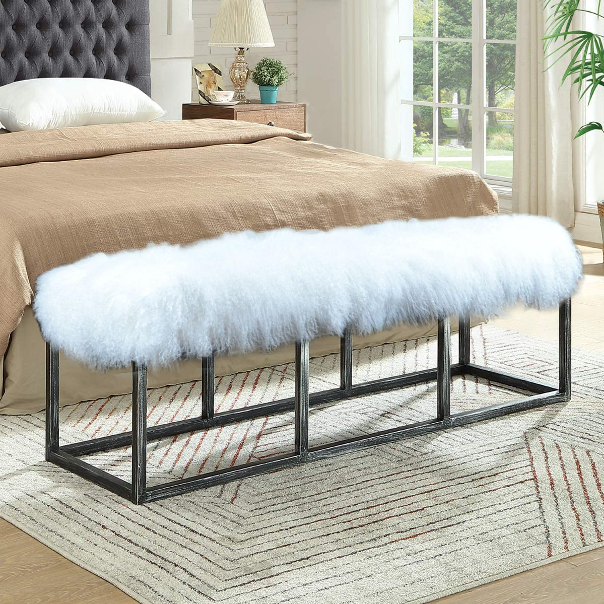 Mongolian Fur Bench, Hand-Painted Metal Base