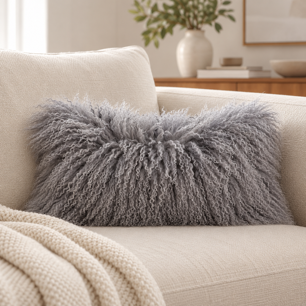 Mongolian/Tibetan Lamb Fur Pillow – 9″ × 17″ – Double-Sided
