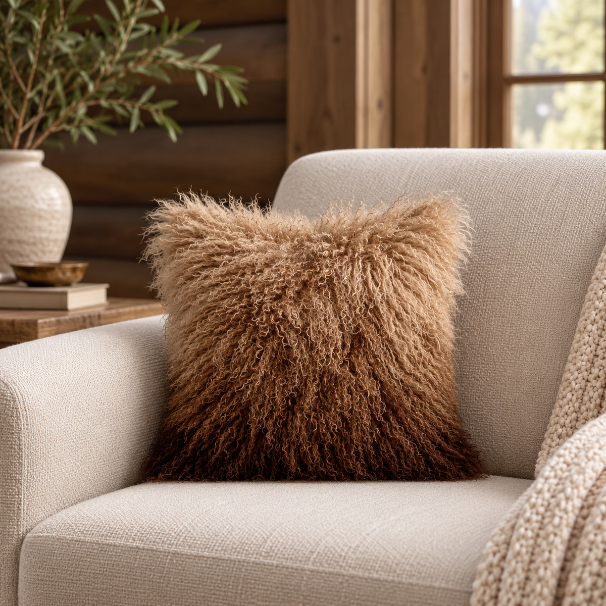 Mongolian/Tibetan Lamb Fur Pillow – 16″ × 16″ – Single-Sided
