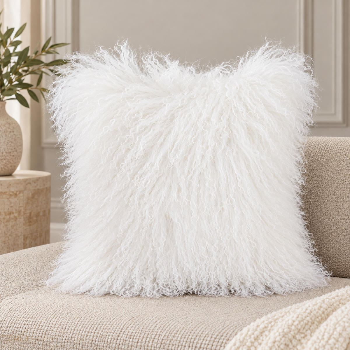 Mongolian/Tibetan Lamb Fur Pillow – 20″ × 20″ – Single-Sided