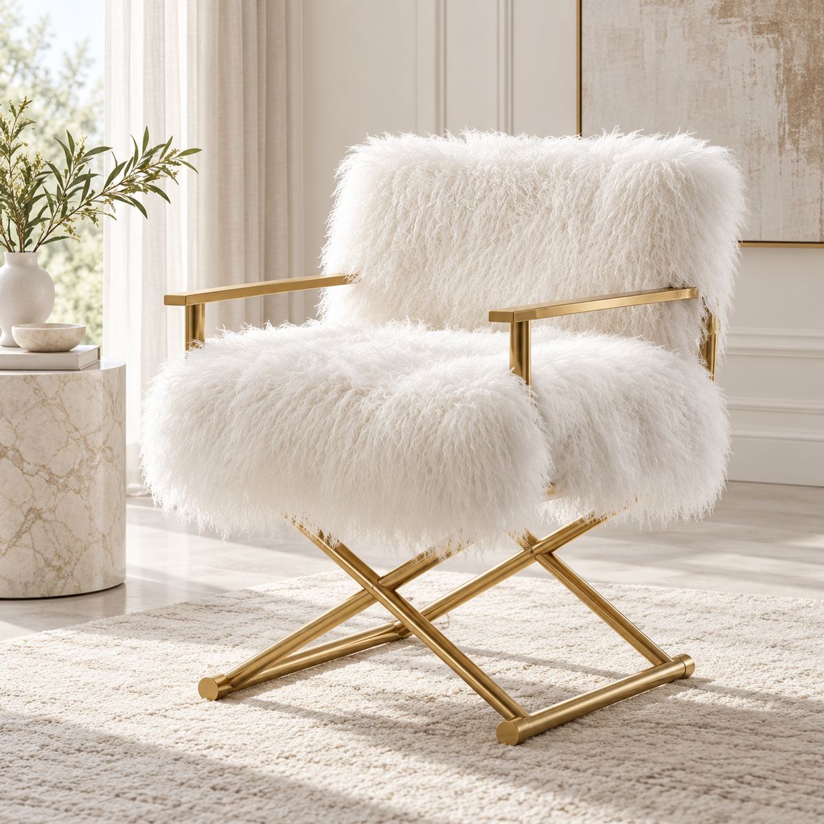 Mongolian/Tibetan Lamb Fur Director’s Chair – Gold Frame