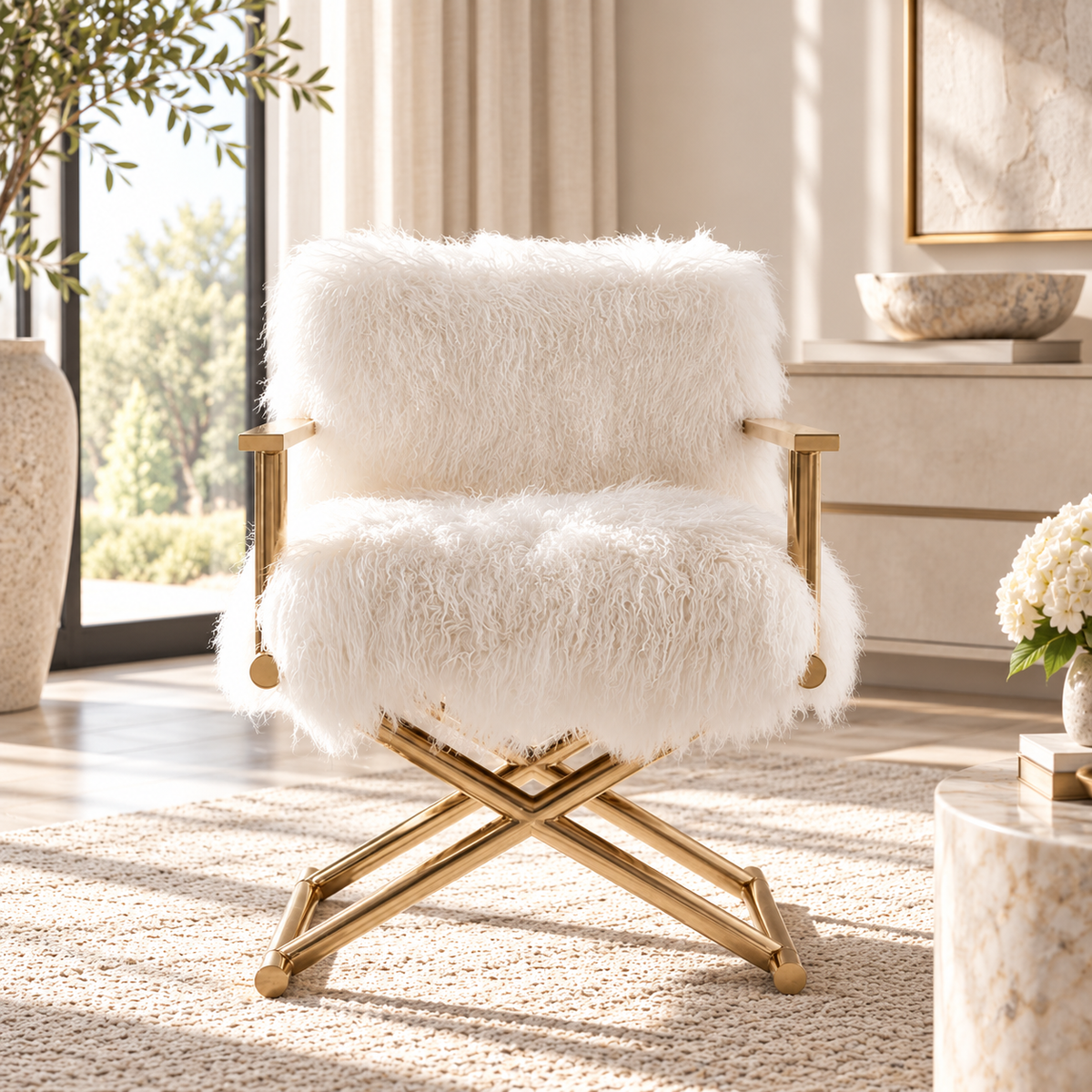 Mongolian/Tibetan Lamb Fur Director’s Chair – Gold Frame