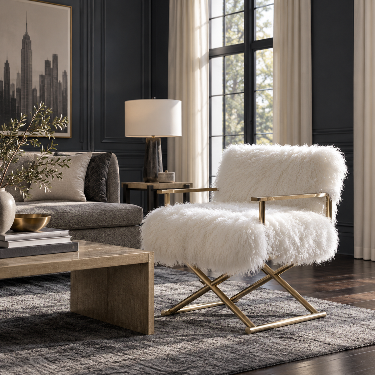 Mongolian/Tibetan Lamb Fur Director’s Chair – Gold Frame