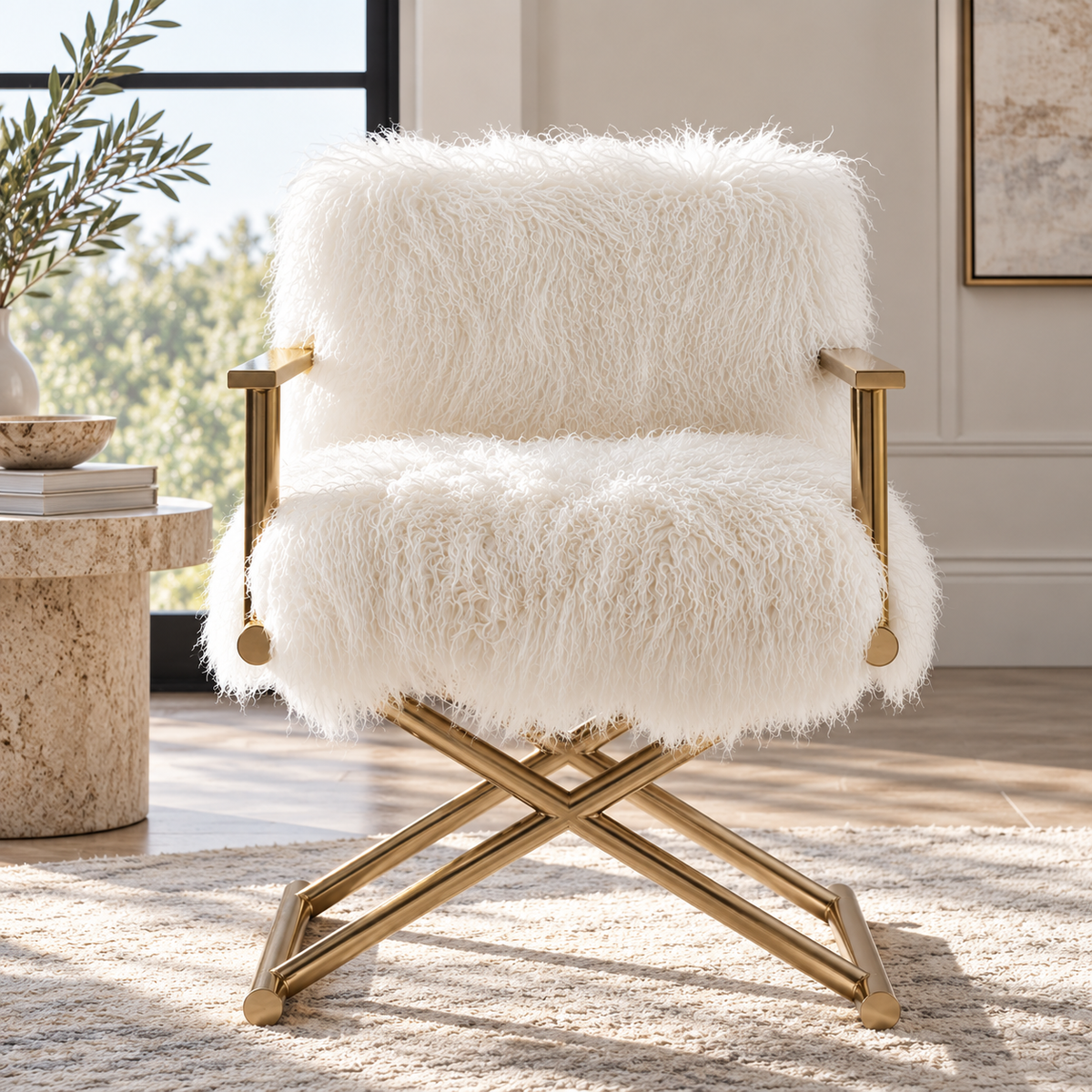 Mongolian/Tibetan Lamb Fur Director’s Chair – Gold Frame
