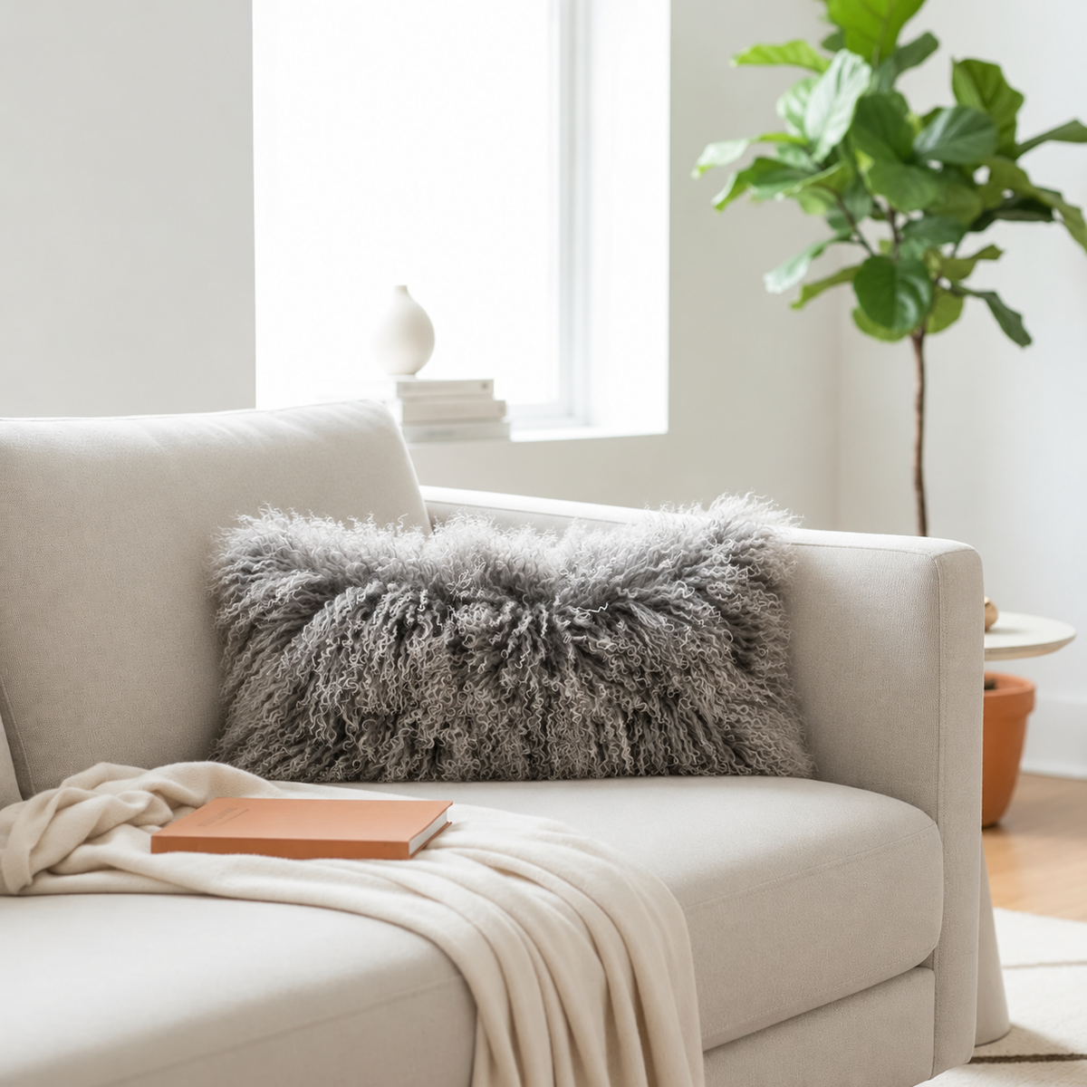 Mongolian/Tibetan Lamb Fur Lumbar Pillow – 9″ × 17″ – Single-Sided