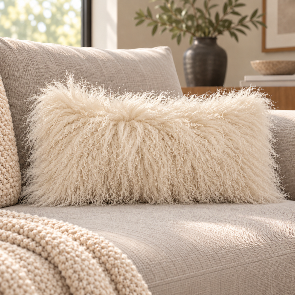 Mongolian/Tibetan Lamb Fur Lumbar Pillow – 12″ × 24″ – Single-Sided