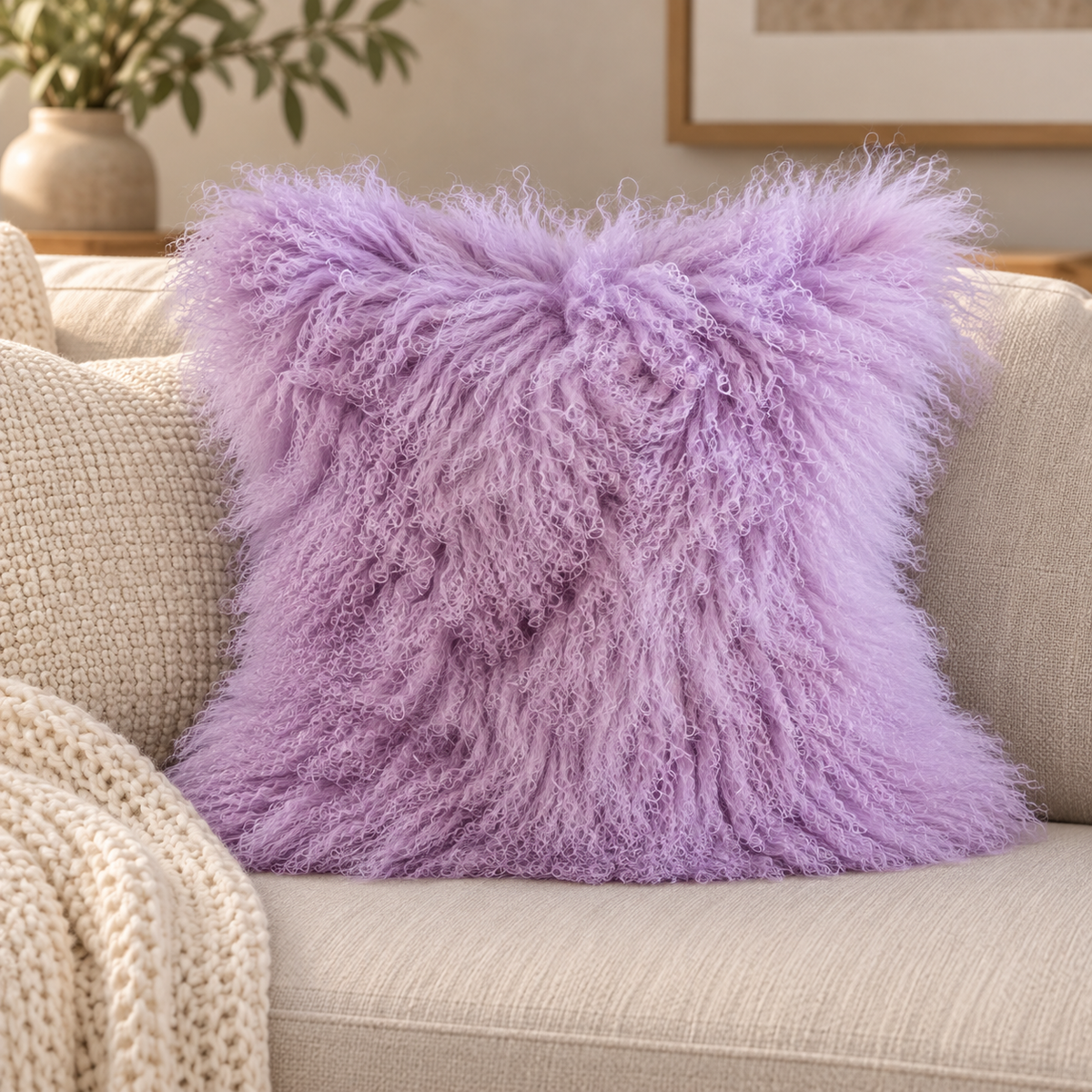 Mongolian/Tibetan Lamb Fur Pillow – 22″ × 22″ – Double-Sided