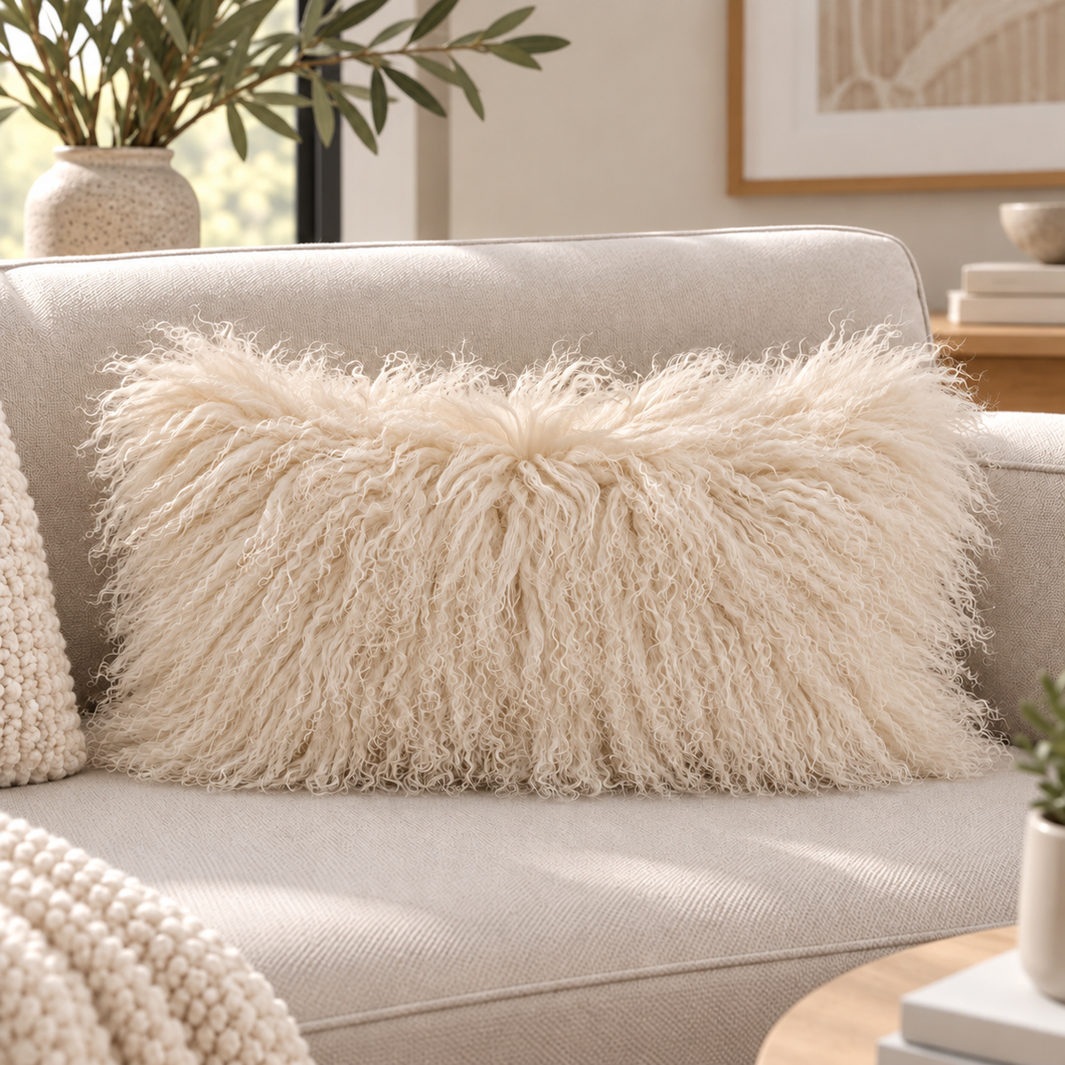 Mongolian/Tibetan Lamb Fur Pillow – 12″ × 24″ – Double-Sided