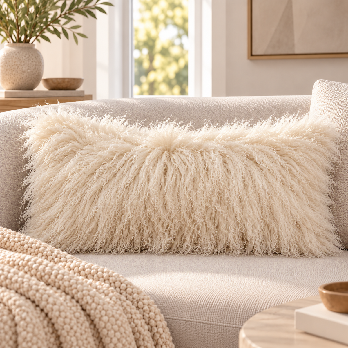 Mongolian/Tibetan Lamb Fur Pillow – 14″ × 36″ – Double-Sided