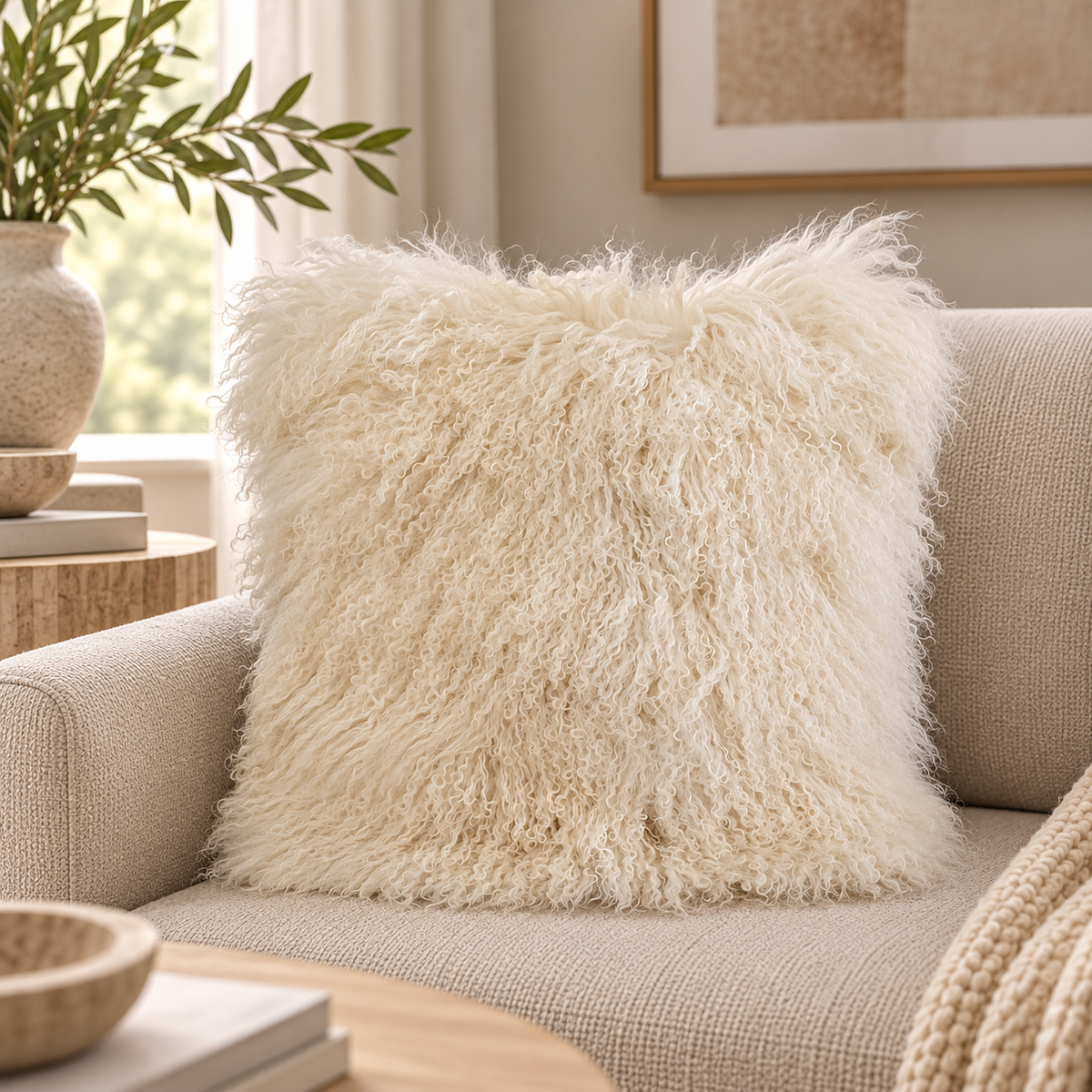 Mongolian/Tibetan Lamb Fur Pillow – 20″ × 20″ – Single-Sided
