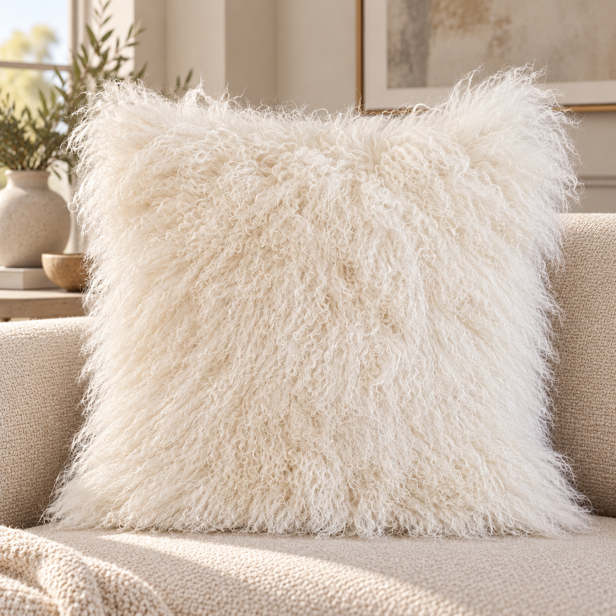 Mongolian/Tibetan Lamb Fur Pillow – 24″ × 24″ – Double-Sided