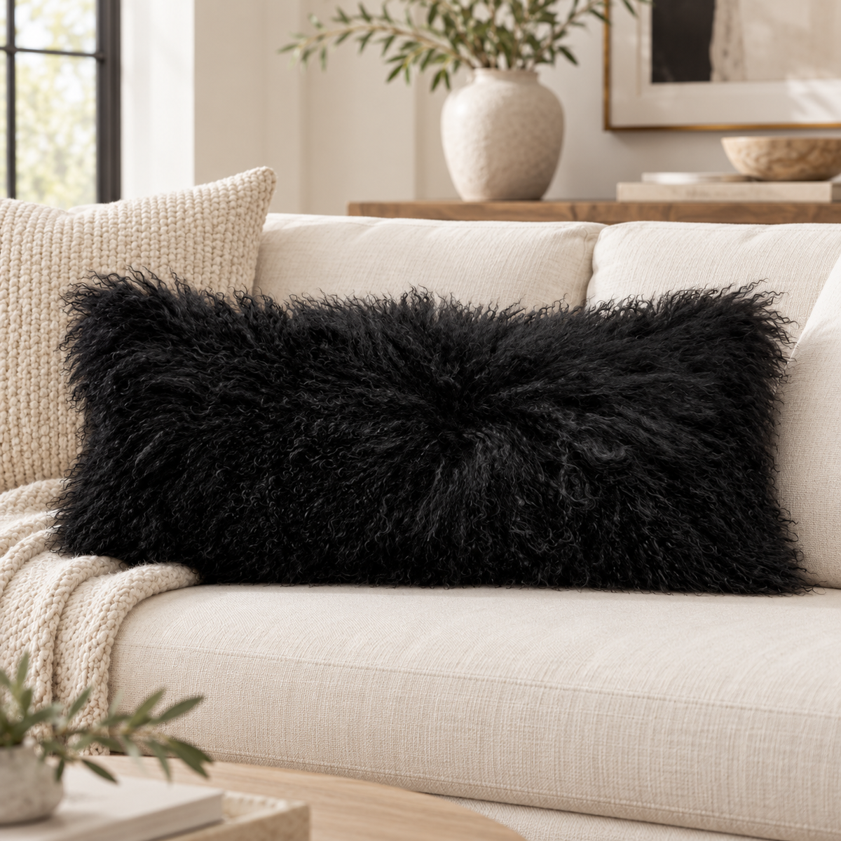 Mongolian/Tibetan Lamb Fur Lumbar Pillow – 14″ × 36″ – Single-Sided