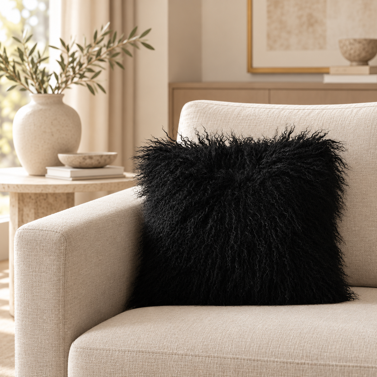 Mongolian/Tibetan Lamb Fur Pillow – 16″ × 16″ – Single-Sided
