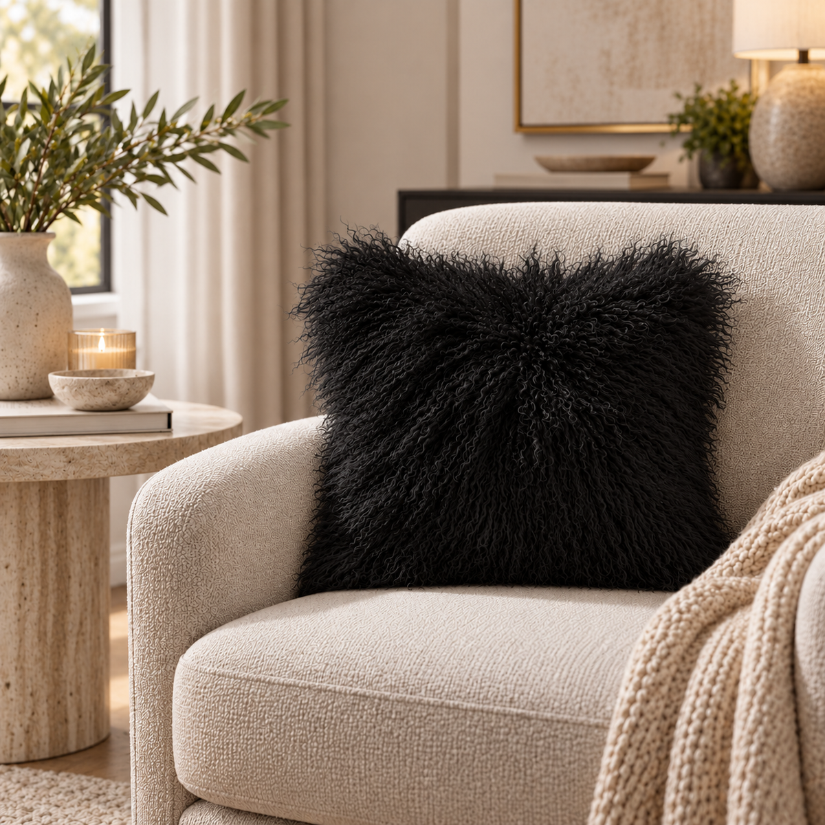 Mongolian/Tibetan Lamb Fur Pillow – 16″ × 16″ – Double-Sided