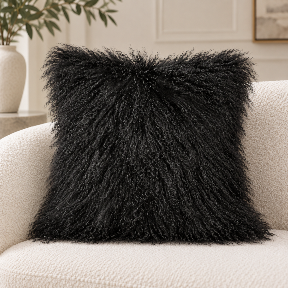Mongolian/Tibetan Lamb Fur Pillow – 18″ × 18″ – Double-Sided
