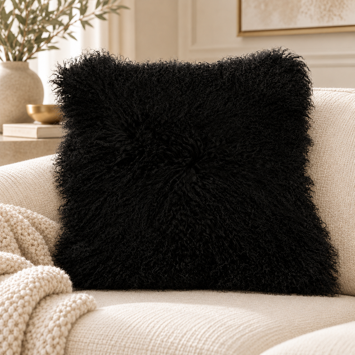 Mongolian/Tibetan Lamb Fur Pillow – 20″ × 20″ – Single-Sided