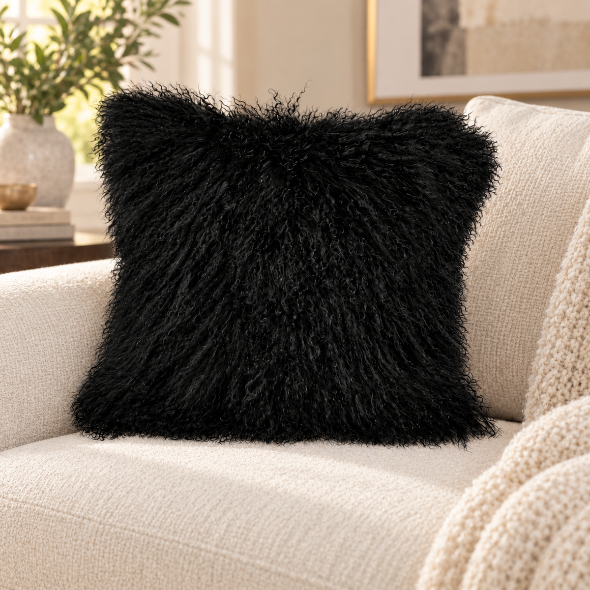 Mongolian/Tibetan Lamb Fur Pillow – 22″ × 22″ – Double-Sided
