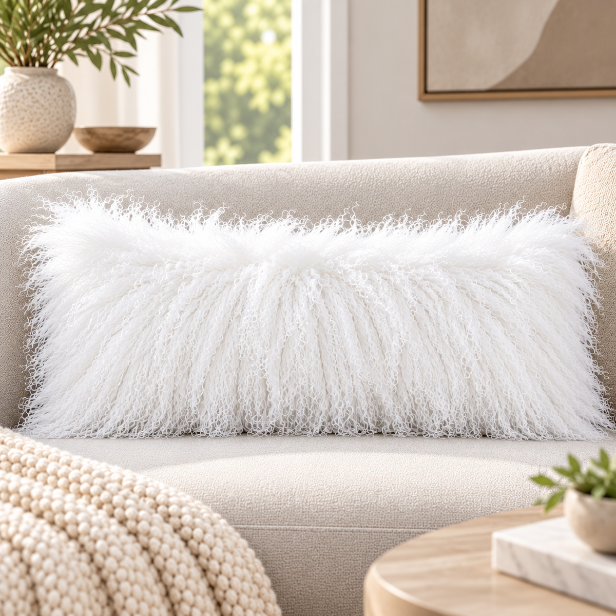 Mongolian/Tibetan Lamb Fur Lumbar Pillow – 14″ × 36″ – Single-Sided