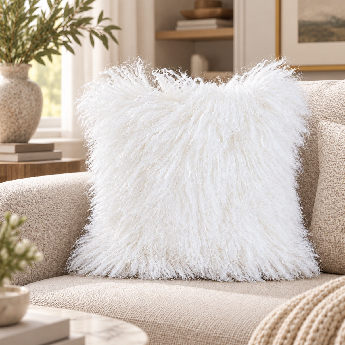 Mongolian/Tibetan Lamb Fur Pillow – 22″ × 22″ – Double-Sided