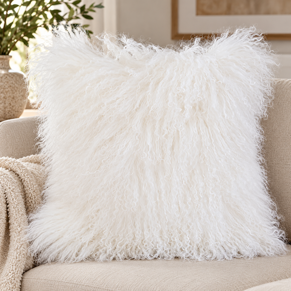 Mongolian/Tibetan Lamb Fur Pillow – 24″ × 24″ – Double-Sided