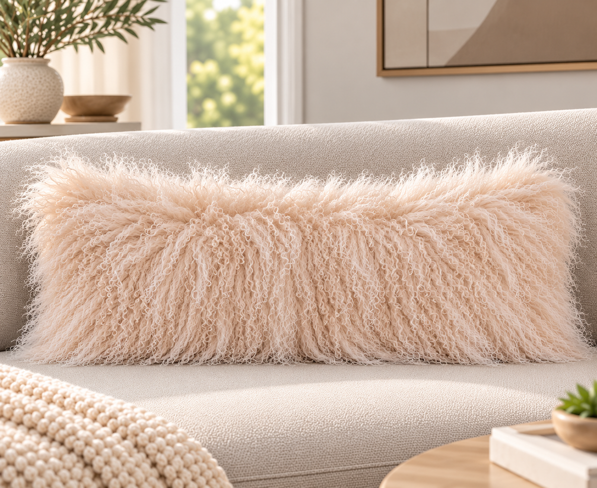 Mongolian/Tibetan Lamb Fur Pillow – 14″ × 36″ – Double-Sided