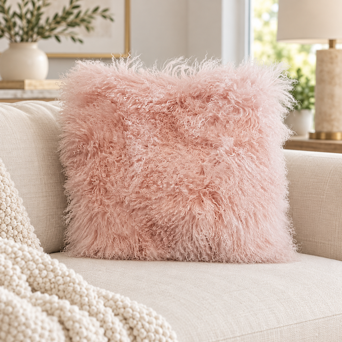 Mongolian/Tibetan Lamb Fur Pillow – 22″ × 22″ – Double-Sided