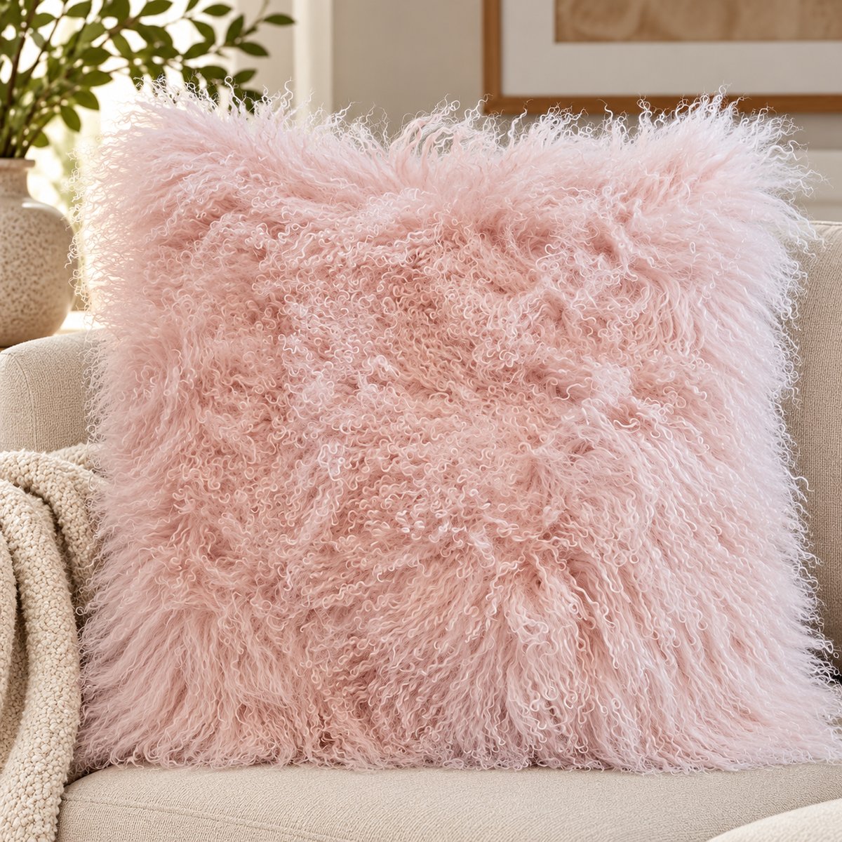 Mongolian/Tibetan Lamb Fur Pillow – 24″ × 24″ – Double-Sided