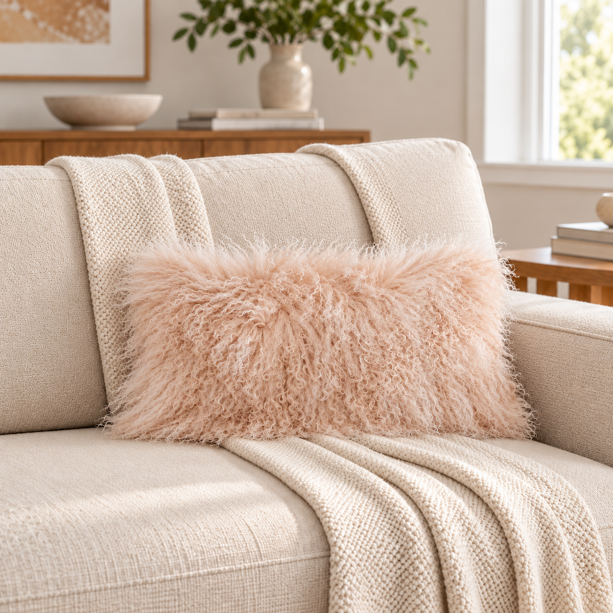 Mongolian/Tibetan Lamb Fur Lumbar Pillow – 9″ × 17″ – Single-Sided