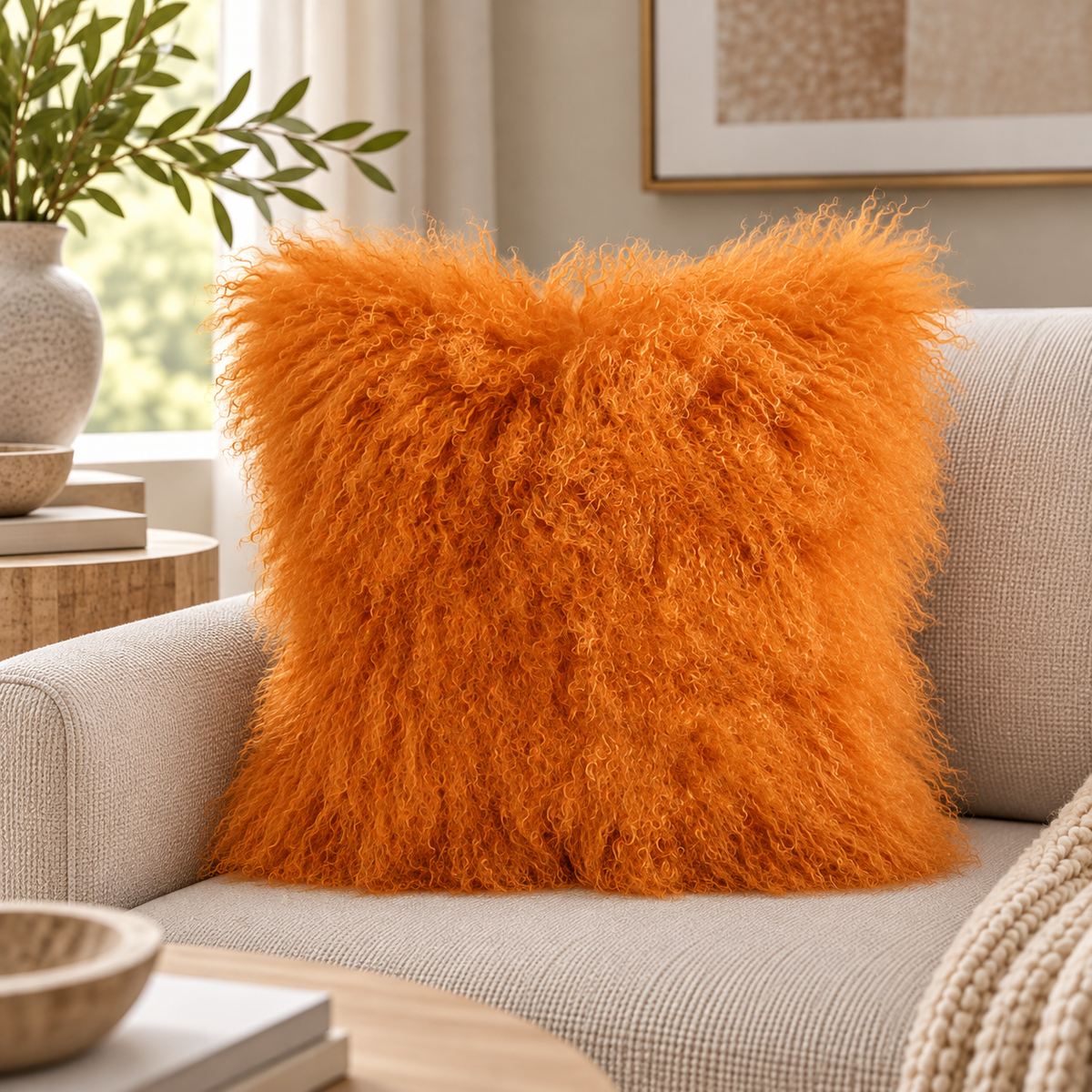 Mongolian/Tibetan Lamb Fur Pillow – 20″ × 20″ – Single-Sided