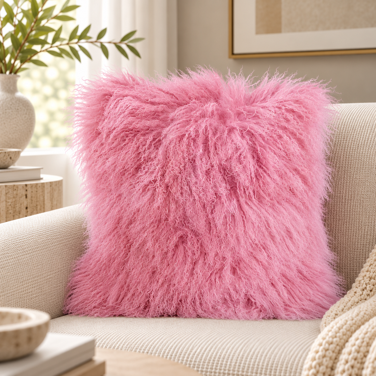 Mongolian/Tibetan Lamb Fur Pillow – 20″ × 20″ – Single-Sided