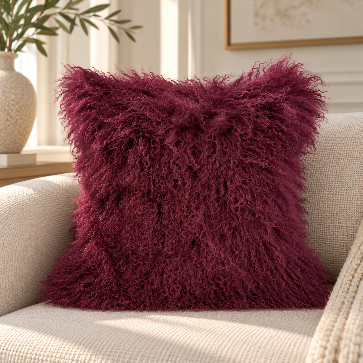 Mongolian/Tibetan Lamb Fur Pillow – 22″ × 22″ – Double-Sided