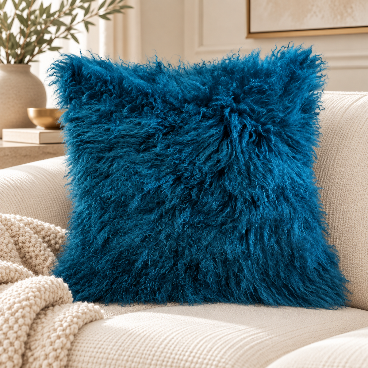 Mongolian/Tibetan Lamb Fur Pillow – 20″ × 20″ – Single-Sided