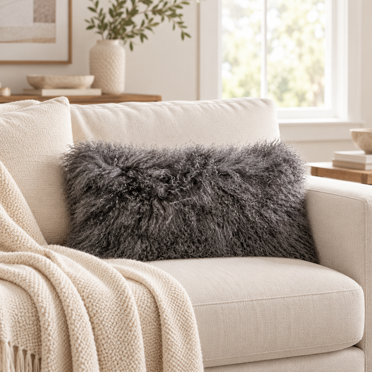 Mongolian/Tibetan Lamb Fur Lumbar Pillow – 12″ × 20″ – Single-Sided